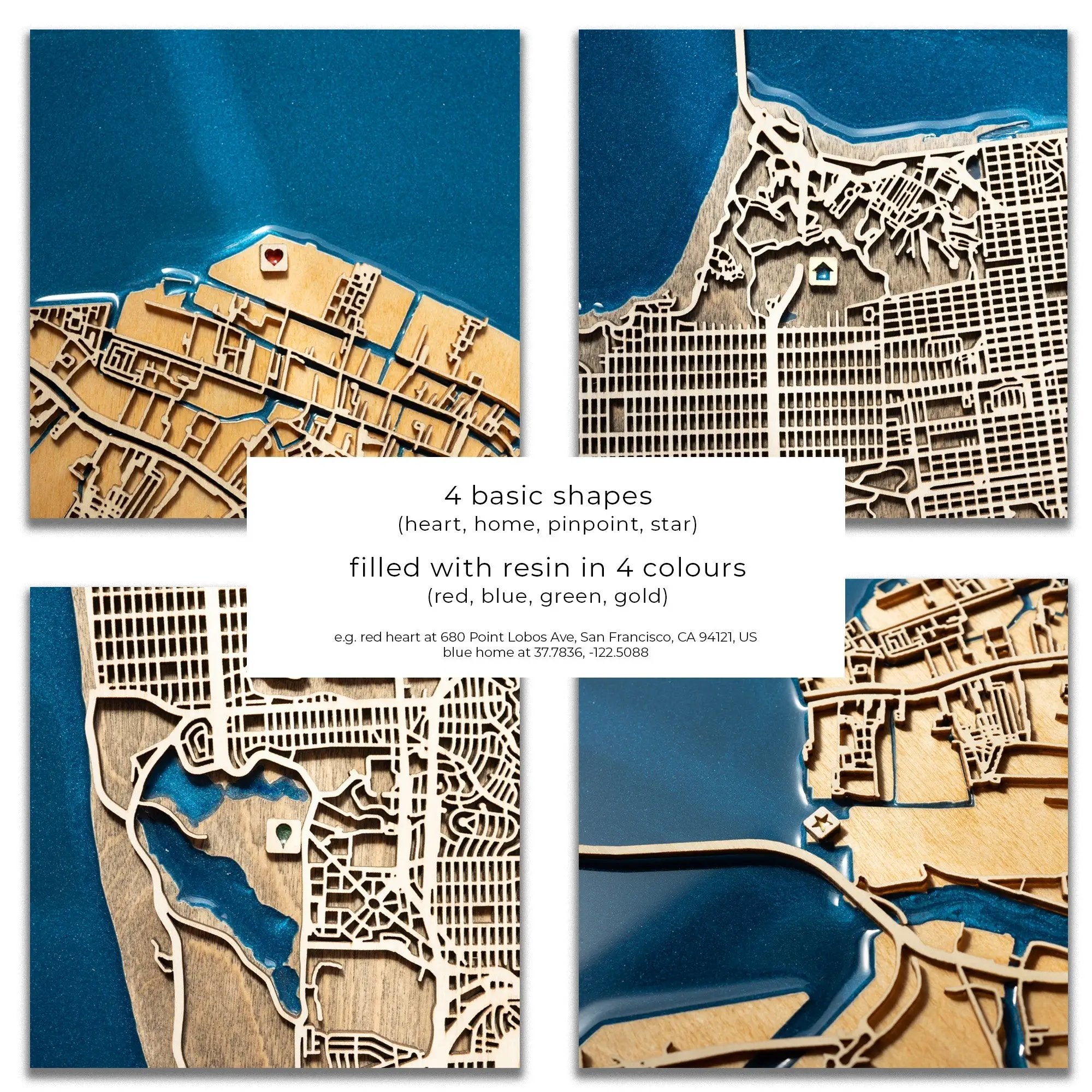Four custom wooden map designs with resin-filled shapes in red, blue, green, and gold, highlighting important locations with precision.