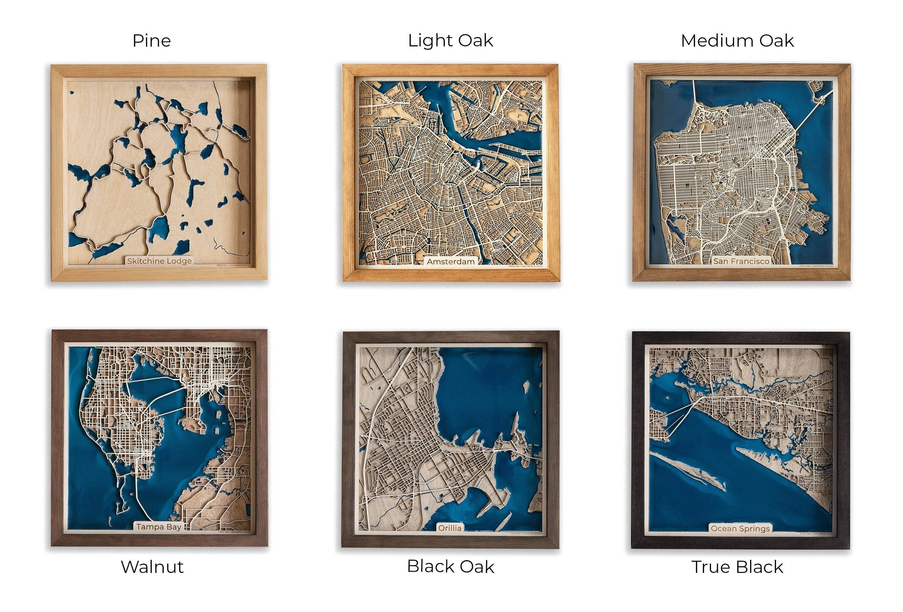 You can choose from 6 wood colors: Pine, Light Oak, Medium Oak, Walnut, Black Oak and True Black. Match the color of your map to your interior.