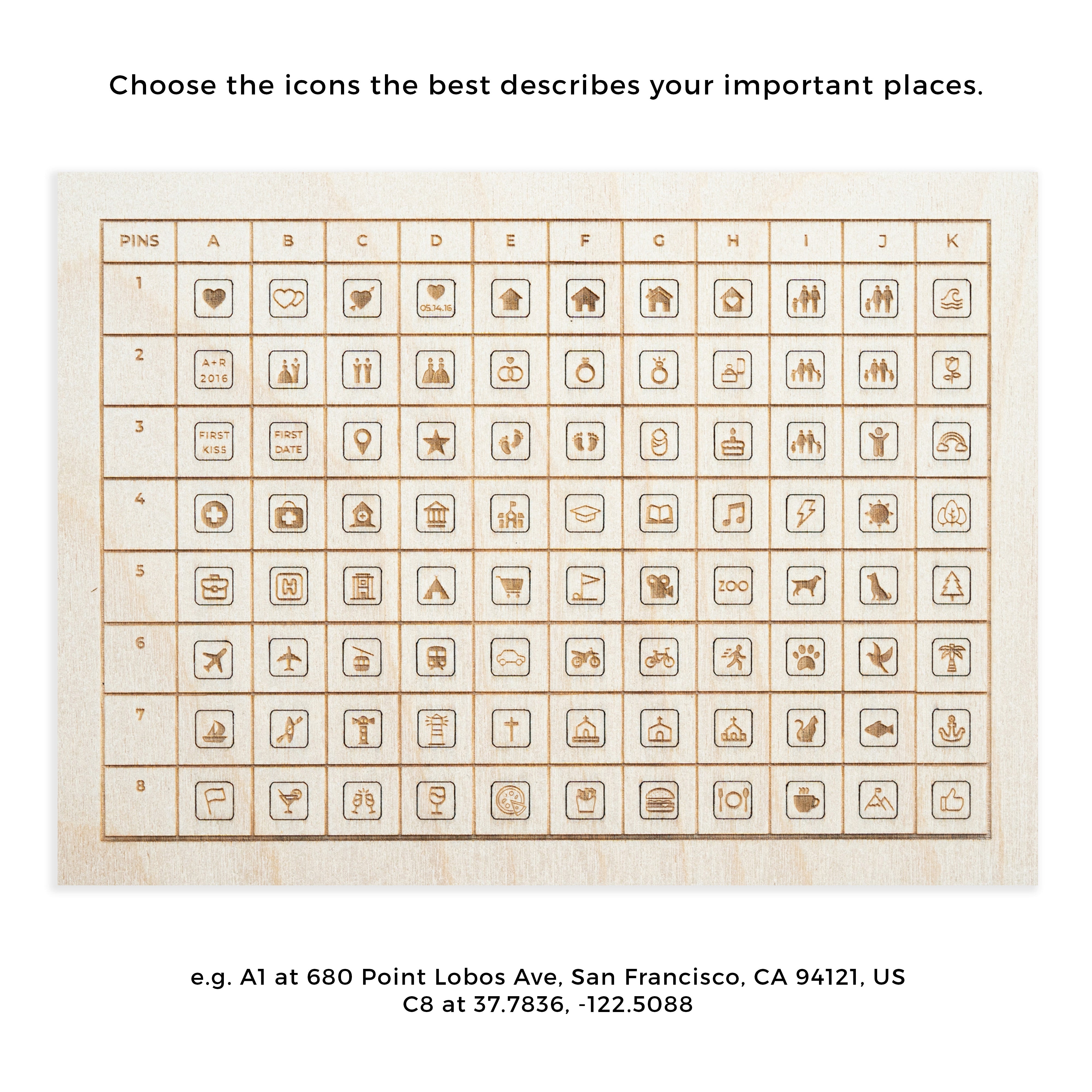 Icon selection chart for custom wooden maps, offering engraved symbols to mark significant locations with coordinates or addresses.