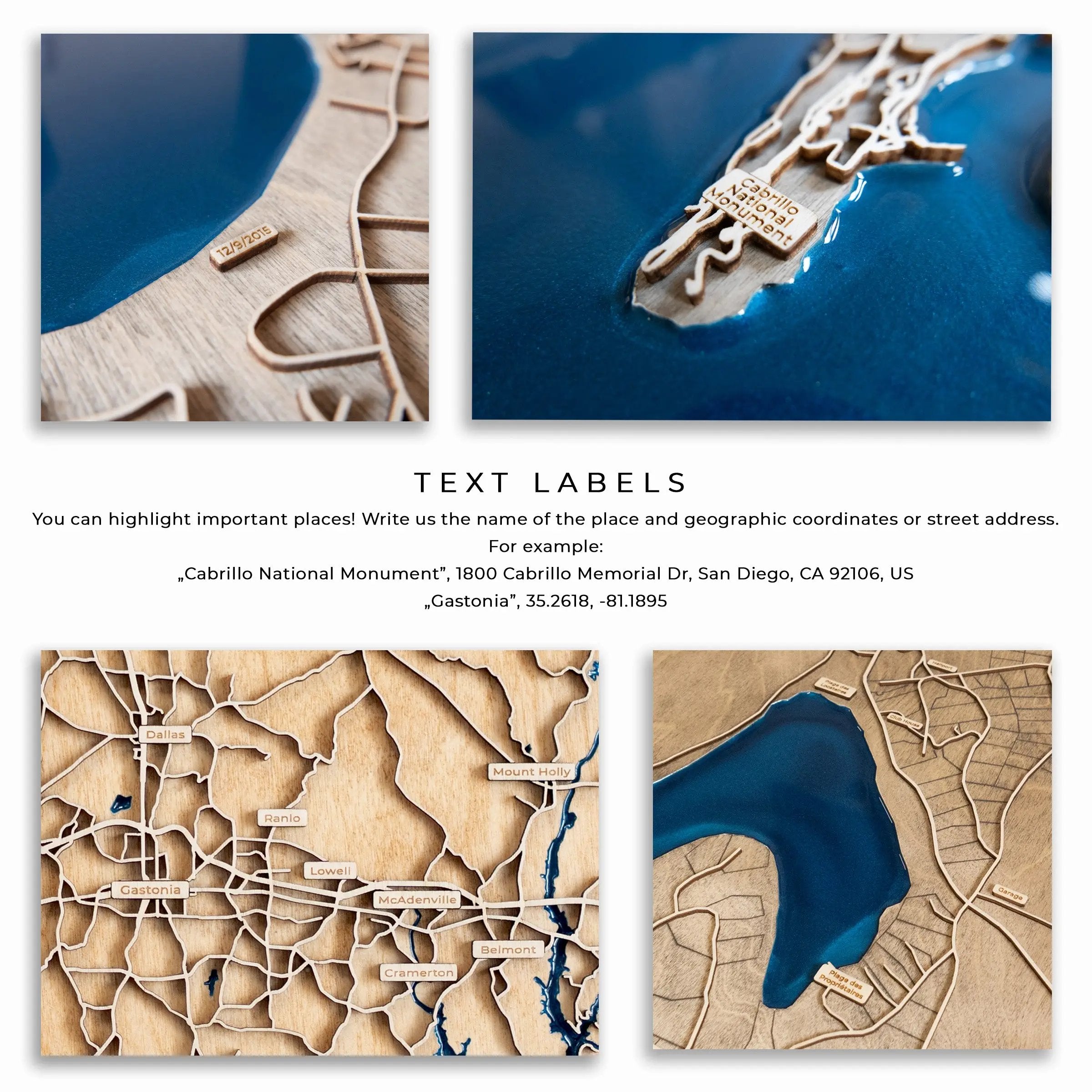 Detailed custom wooden map examples with engraved text labels, showcasing geographic coordinates and personalized place names.