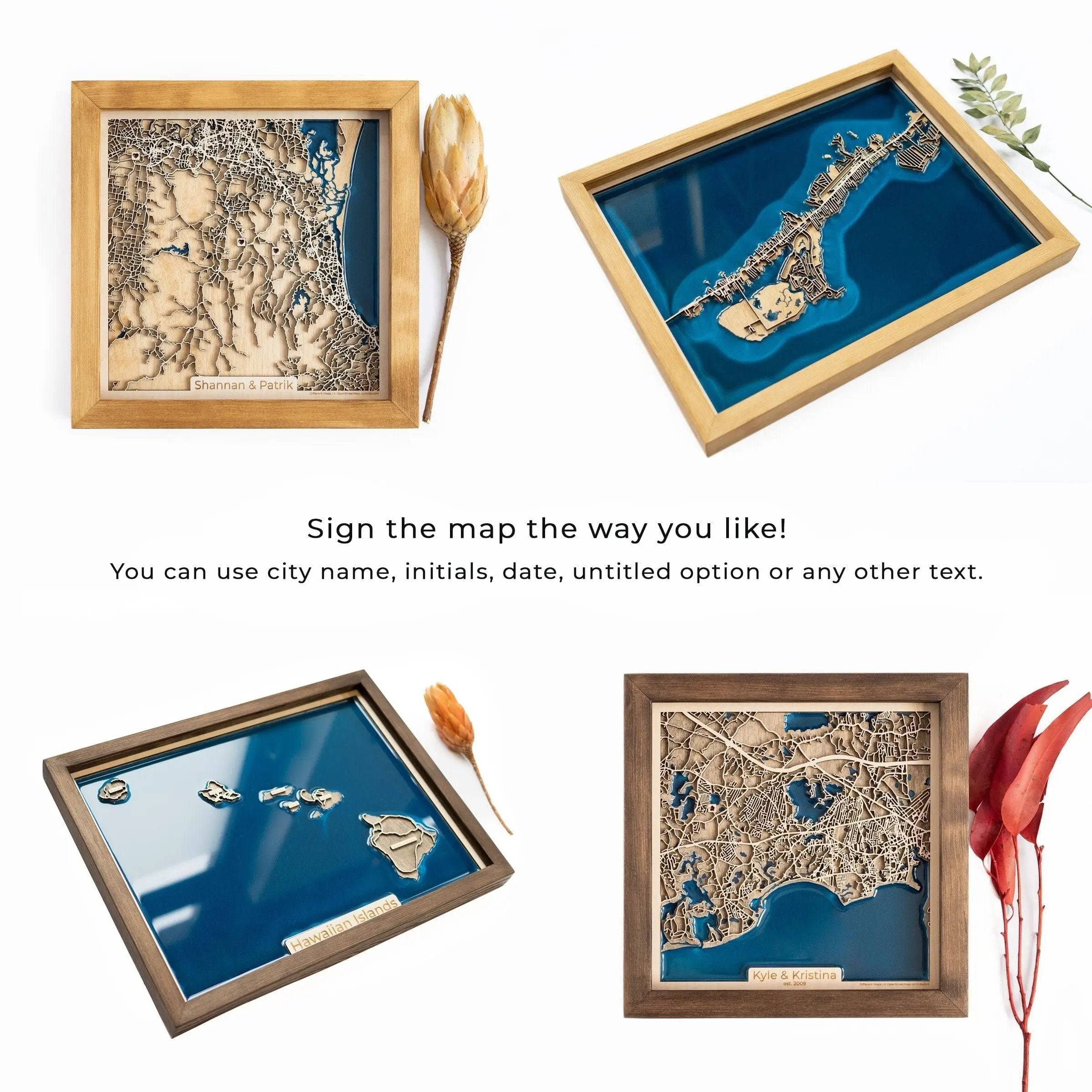 Sign the map the way you like! You can use city name, initials, date, untitled option or any other text.Add an engraving on the back of the map and tell your loved one a few important words, make wishes, write an important date or a quote. Such an engraving will make your gift one of a kind.